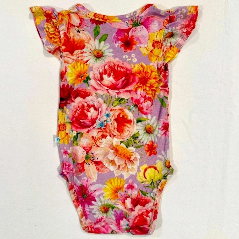 Posh Peanut Nala Ruffled Bodysuit Girls 6-12M Floral Onesie Flowers Bamboo Lilac